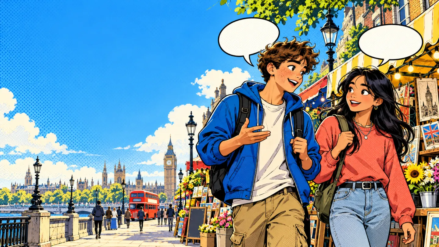 Illustration : deux personnages se saluent devant une rue londonienne