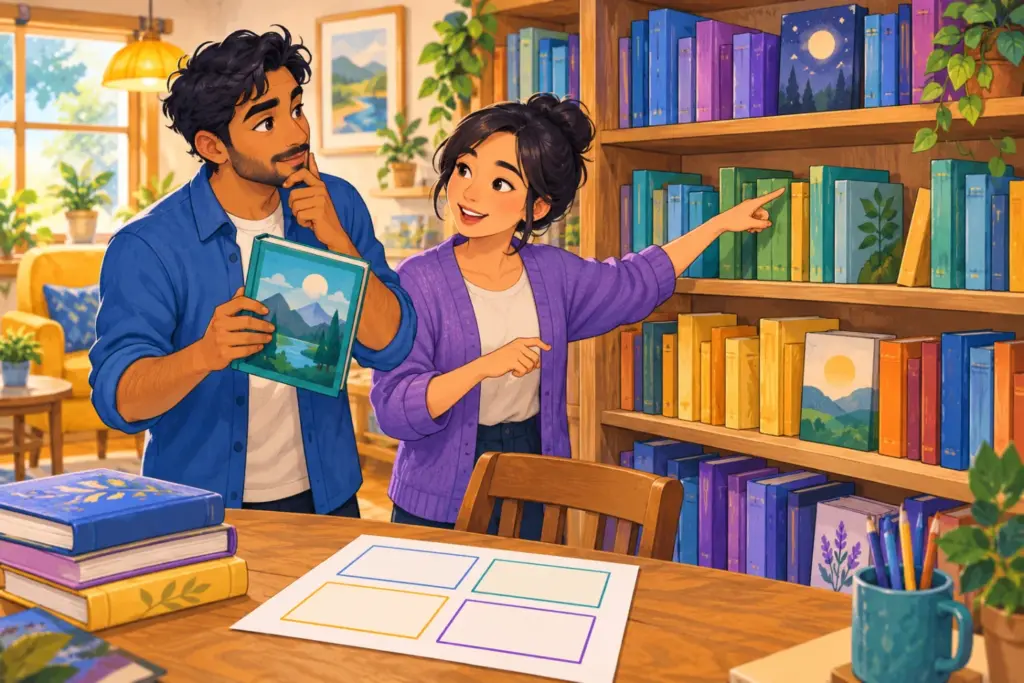 Ravi consults Hana about a book beside four shelves and a sheet divided into four boxes.