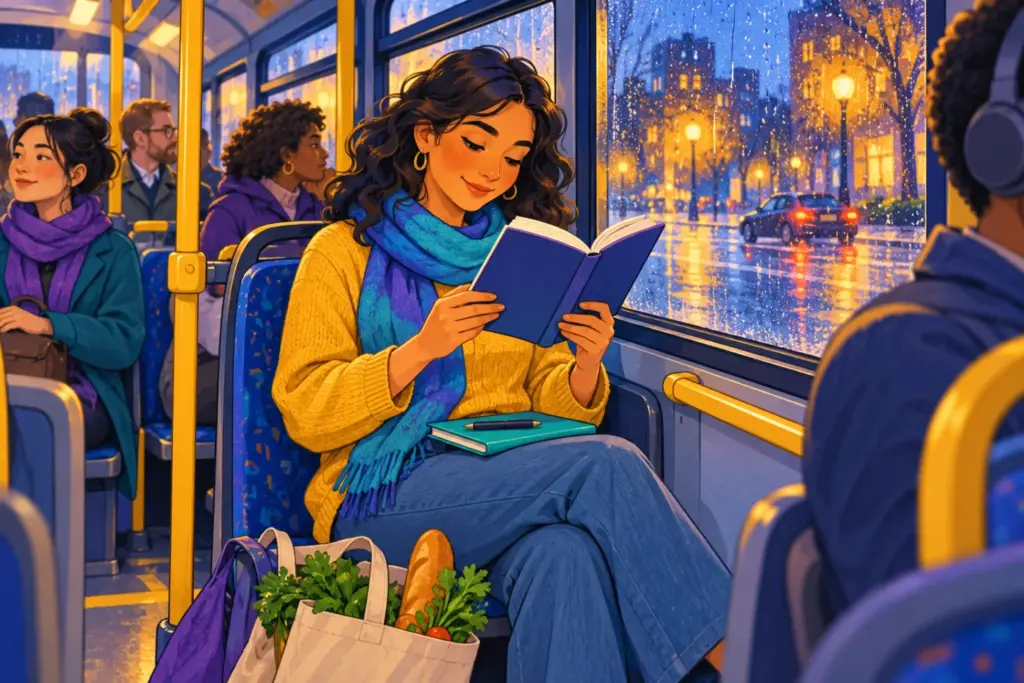 Rosa reads a slim novel on a rainy bus with her vocabulary notebook closed on her lap.