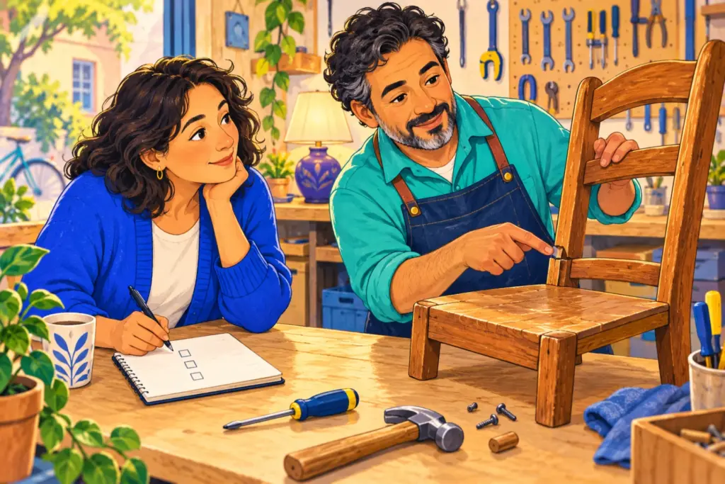 Nora practises questions with Luis as he points to a loose wooden chair joint beside her notebook.