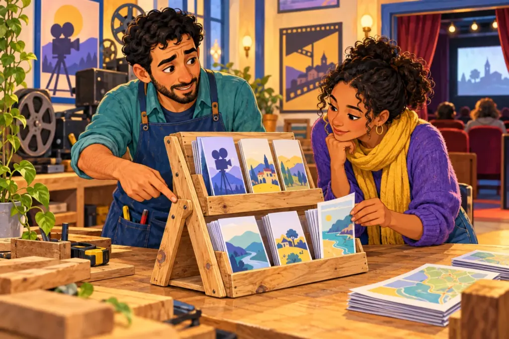 Omar explains the wooden stand he made while Ada examines it at the neighbourhood cinema.