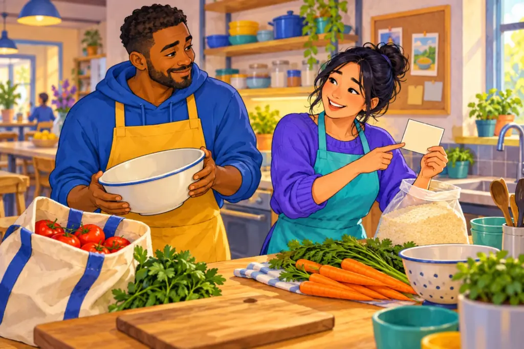 Malik lifts a bowl while a relieved Jo finds a recipe card beside rice in the community kitchen.