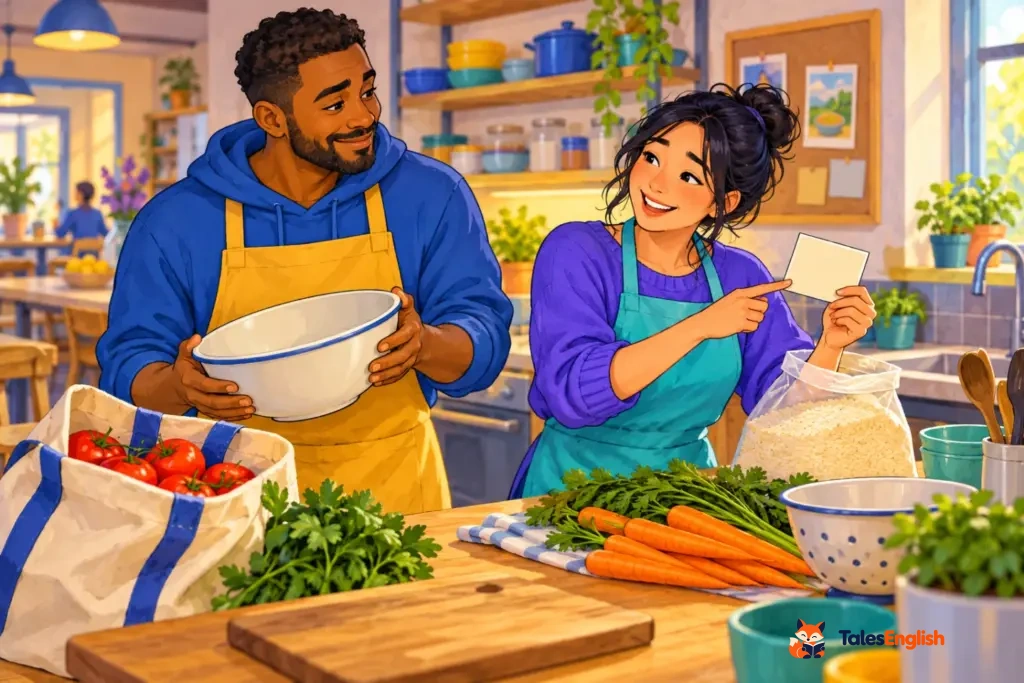 Malik lifts a bowl while a relieved Jo finds a recipe card beside rice in the community kitchen.