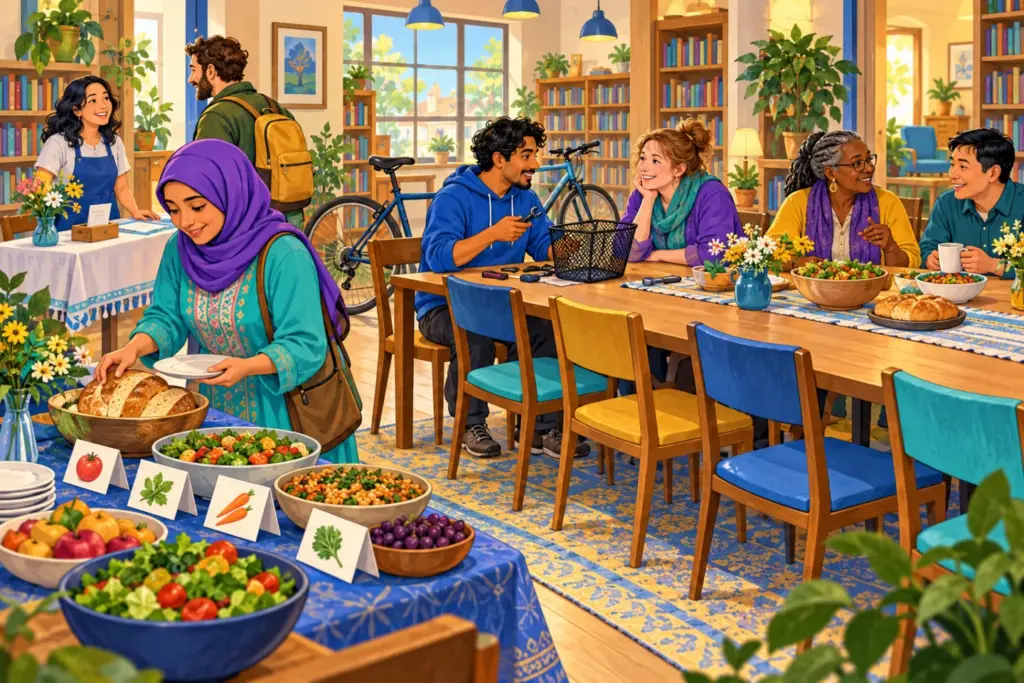 Luis talks with a guest at the shared meal while open chairs and a welcome table make room for newcomers.