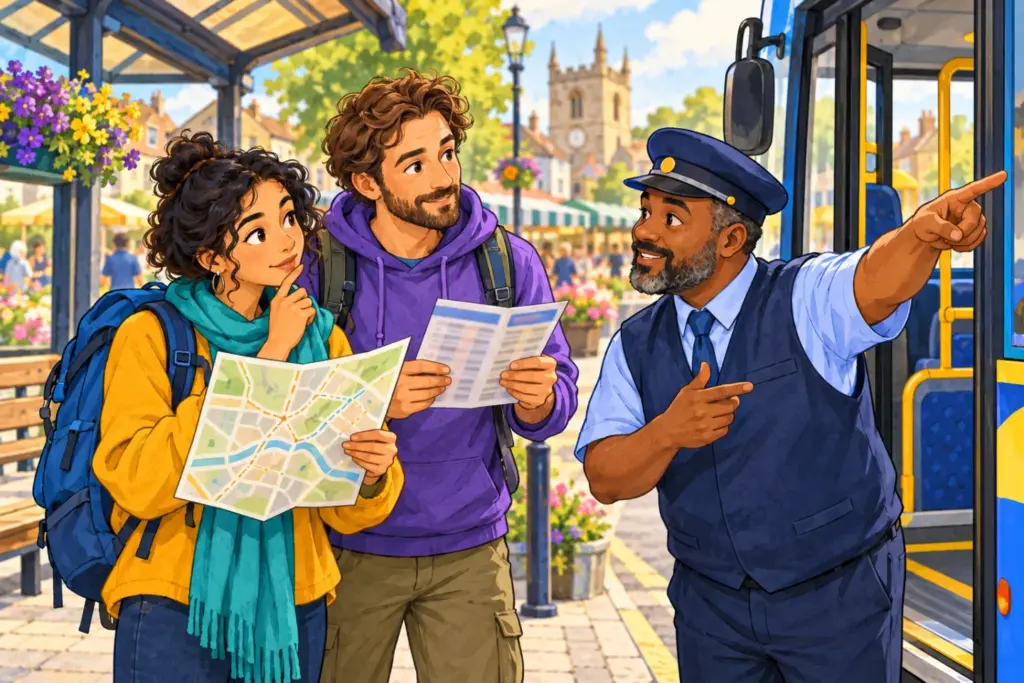 Leila and Owen consult the bus driver about a changed arrival stop while holding their map and timetable.