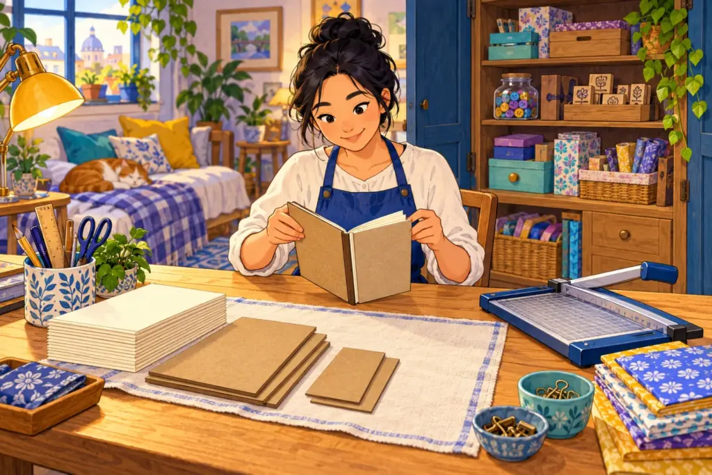 Mei tests a plain sample notebook at a cleared table with the necessary materials within reach.