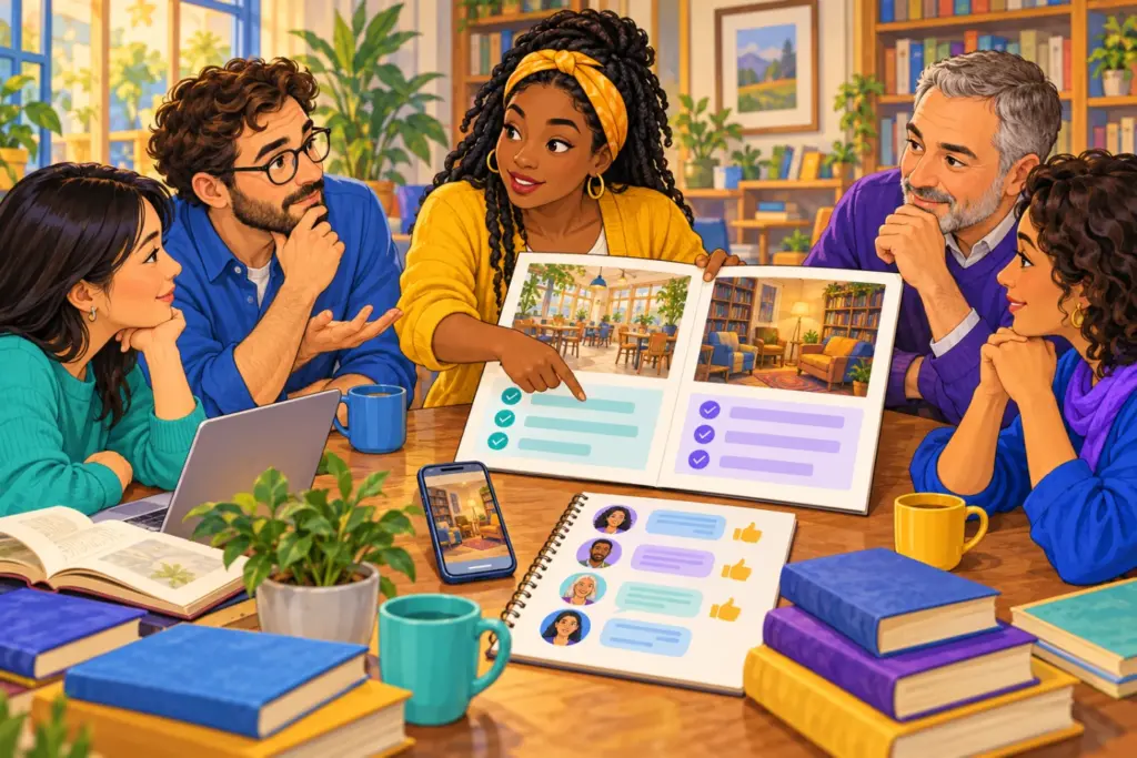 Imani and Pavel discuss venue information with reading club members around a table of books and papers.