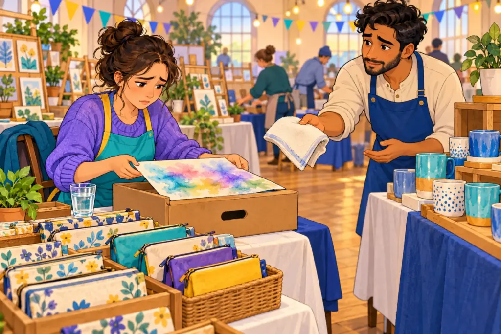 Tessa moves a wet sign away from pencil cases while Amir offers her a cloth.