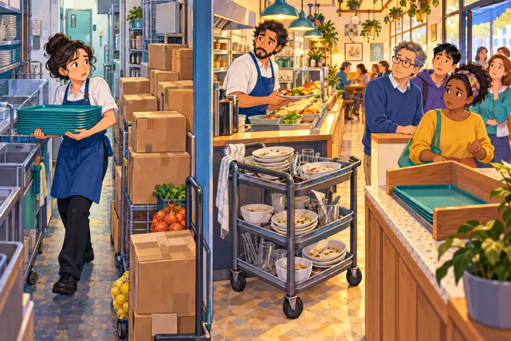 Inez cannot carry clean trays past delivery boxes while Pavel notices customers waiting at the café entrance.