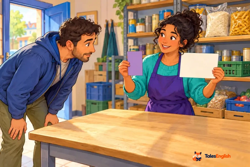 Lena and Pavel compare two label cards from the doorway of the food cupboard.
