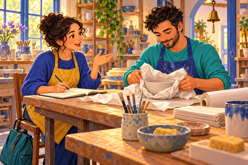 Elena reads instructions while Tomas wraps a finished pottery bowl in paper.