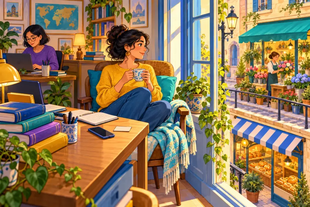 Nadia drinks tea in the office window chair while watching a shopkeeper arrange flowers across the street.