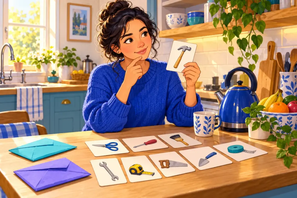 Mina recalls a tool name from a homemade picture card beside her kitchen kettle.