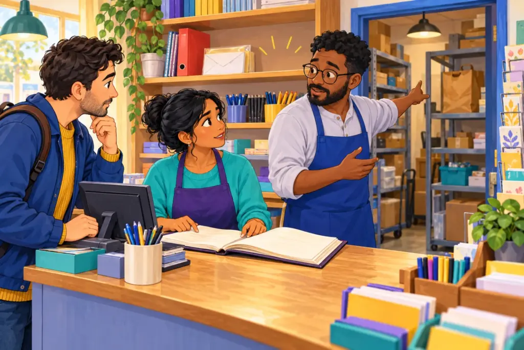 Ben asks about his order while Priya checks a book and Owen gestures towards the back room.