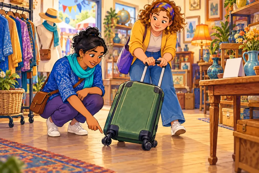 Beatrice tests a green suitcase as Priya points out its noisy wheel and repaired handle.