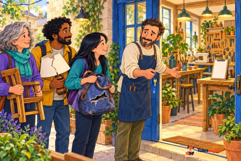 Dario opens the workshop with a key on a blue ribbon as three visitors wait outside.
