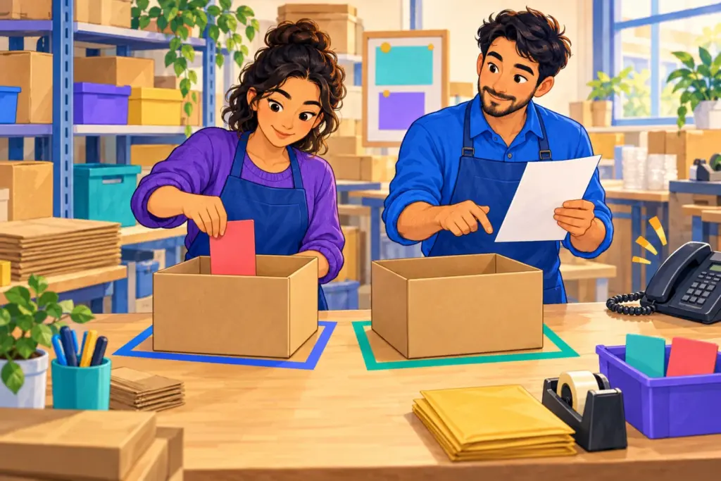 Leila places a pause card on an unfinished parcel as Ben checks the revised packing routine.