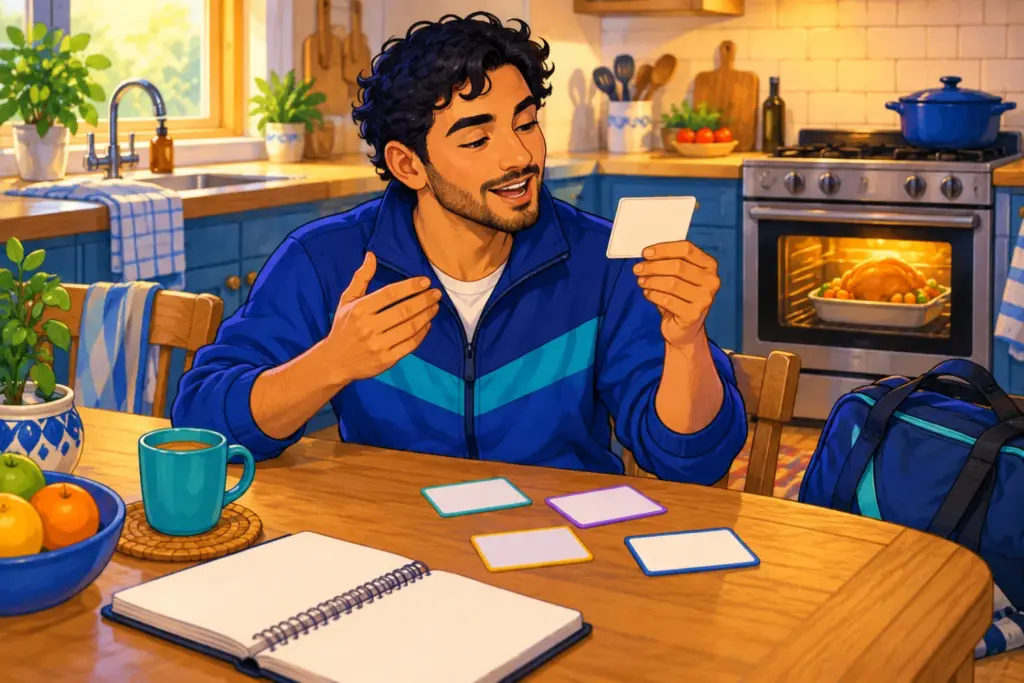 Theo practises with five word cards at the kitchen table while dinner cooks in the oven.