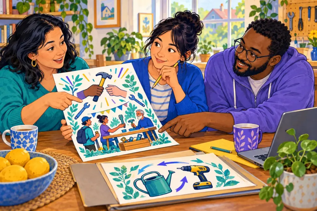 Ada listens to a neighbour interpret her revised tool-exchange poster while Malik helps clarify a rule.