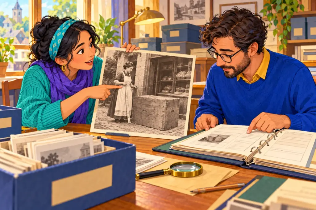 Mina points to a measuring tape in an old photograph while Tomas checks the archive donation record.