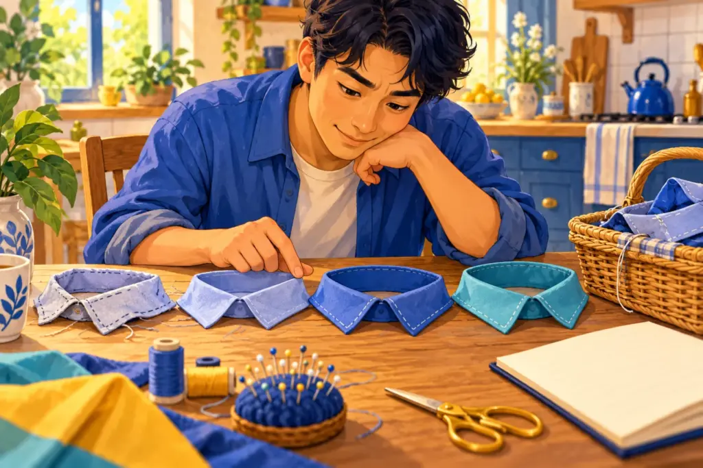 Jun compares old and recent shirt collars on his kitchen table, inspecting seams and corners.