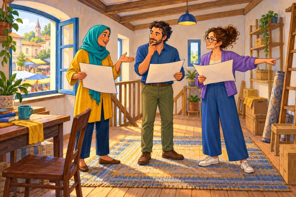 Salma, Felix, and Oona compare planning sheets while discussing the empty community room.